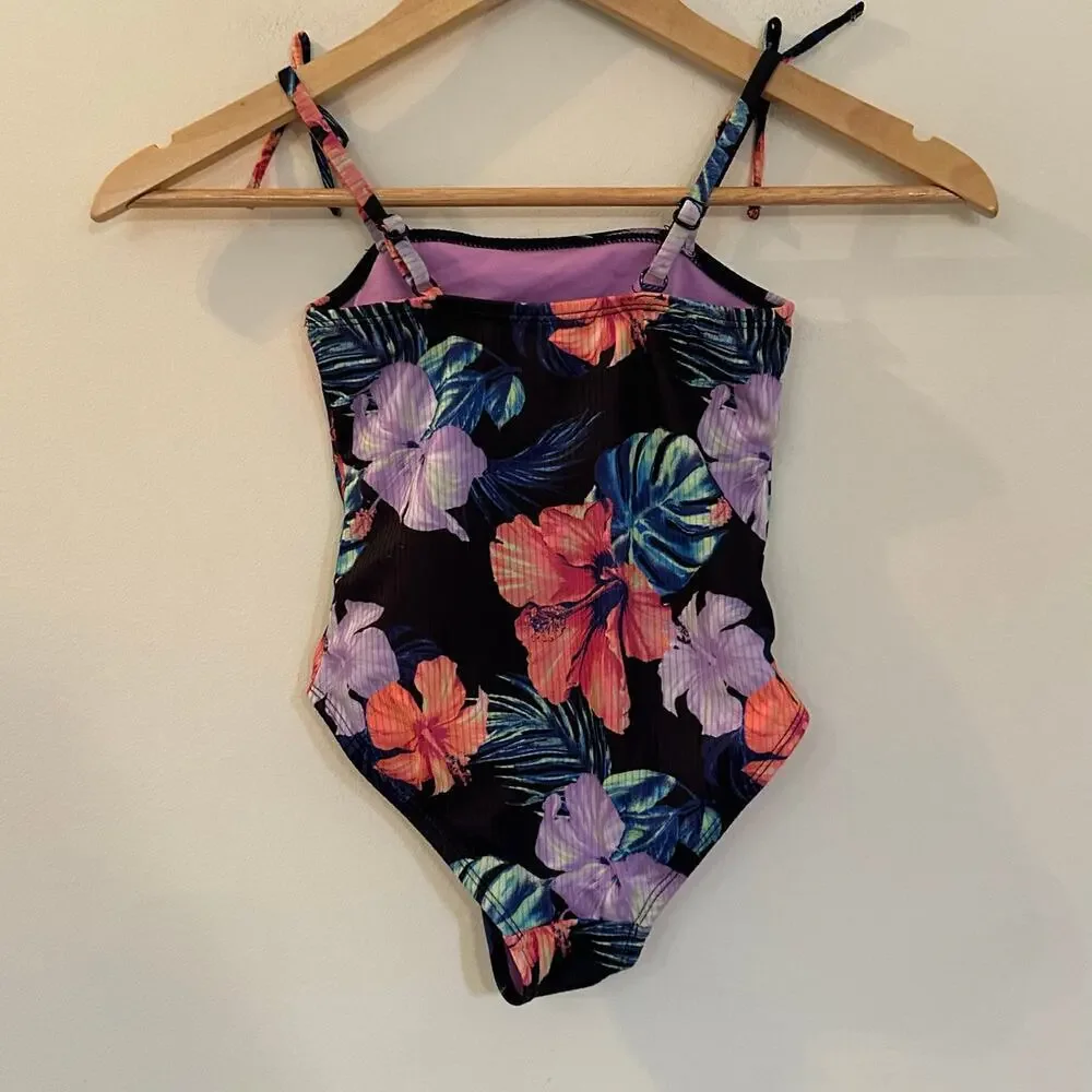 Black Floral Print Bathing Suit sz XS (5/6) Black Hawaiian Flower Print Swimsuit